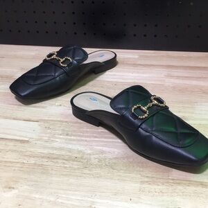 New WB Woman’s Aqua College Quilted Black Leather Slide Mules with Gold Accent